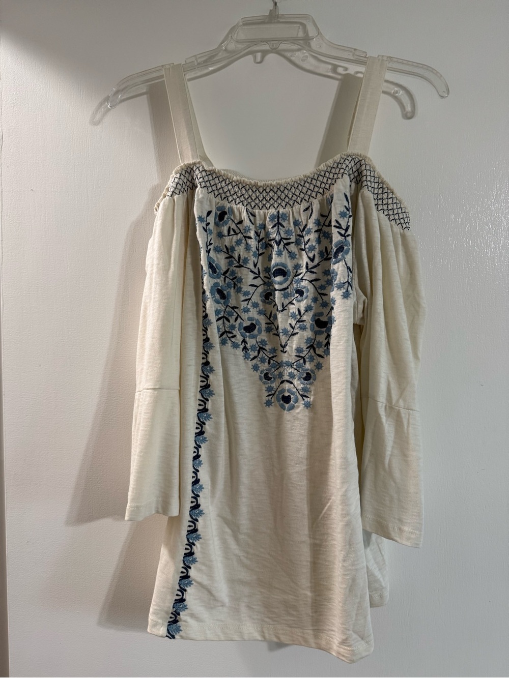 Style & Co. Cream Off-Shoulder Tunic with Blue Floral Embroidery